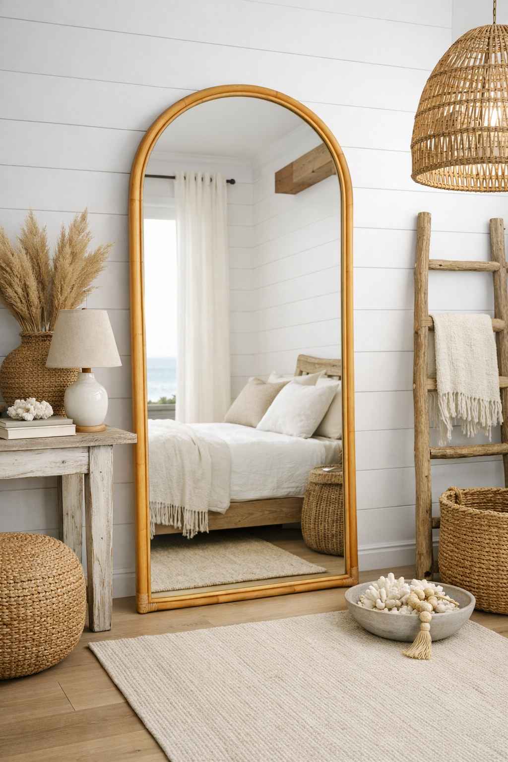 ARCHED CANE FLOOR MIRROR – NATURAL RATTAN