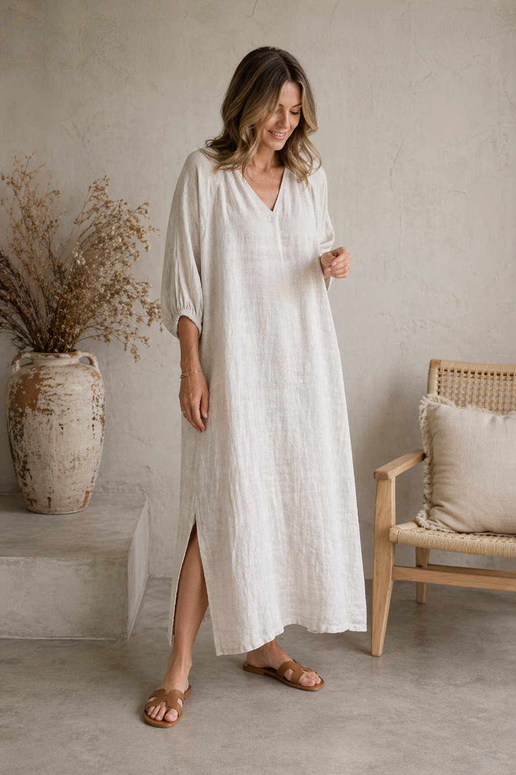 ROSA ELASTICISED SLEEVE DRESS — NATURAL