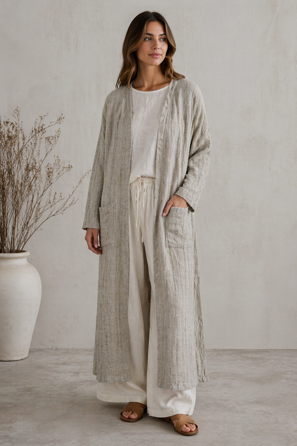 AUDREY LONG LINEN CARDIGAN – NATURAL SPACED VERTICAL