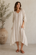 ROSA ELASTICISED SLEEVE DRESS - NATURAL WHITE W GOLD STRAND
