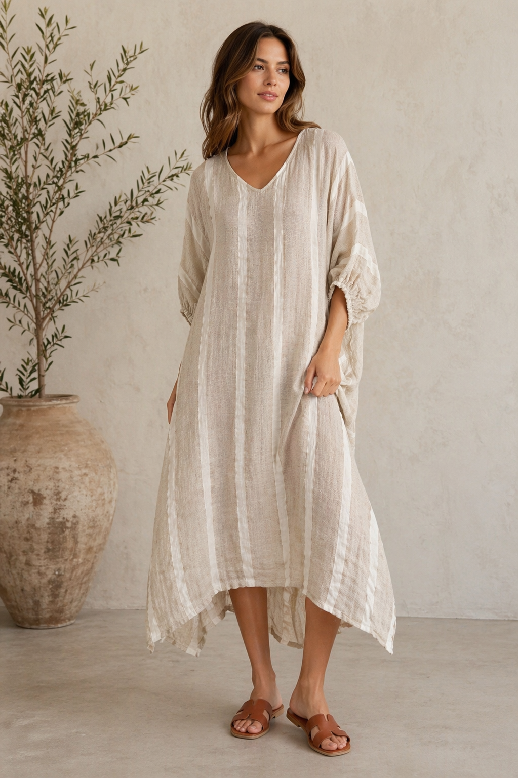 ROSA ELASTICISED SLEEVE DRESS - NATURAL WHITE W GOLD STRAND
