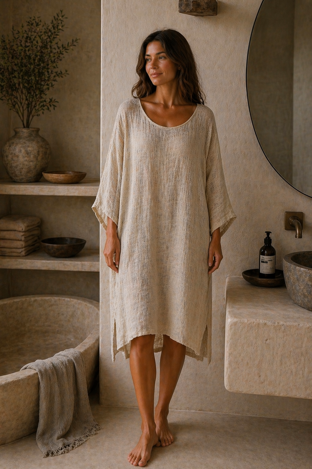 FIONA FULL SLEEVE KAFTAN NATURAL 100% MESH LINEN